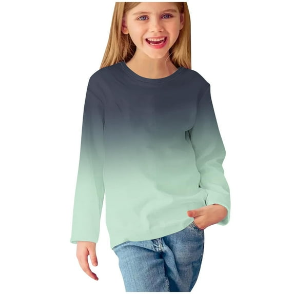 Thetops Big Girls' Gray Gradient Long Sleeve Top - 7T Size, 95% Polyester 5% Spandex, Comfortable Daily Wear for 4-14 Years Kids