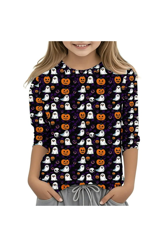 Big Girls Halloween Shirt 11T, Multicolor Ghost Pumpkin Graphic Tee, Stretchy Wrinkle-Free Top for Trick or Treat, Party & October Wear - Spooky Fun Design