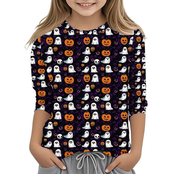 Thetops Big Girls Halloween Tee 9T, Multicolor Pumpkin Ghost Graphic Shirt, Stretchy Comfortable Top for Trick or Treat, Party & Photos - Spooky Fun Design
