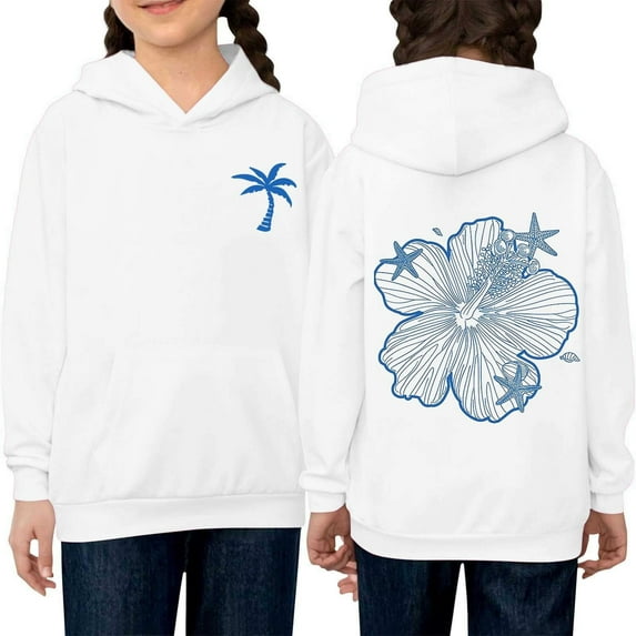 Thetops Big Girls Hoodie 11-12T, White Tropical Palm Tree & Hibiscus Print, 100% Polyester Lightweight Machine Washable