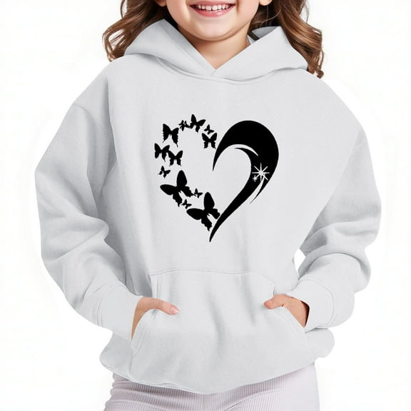 Thetops Big Girls Hoodie 13T, White Heart Butterfly Print, 100% Polyester - Durable, Machine Washable with Pocket for School & Daily Wear