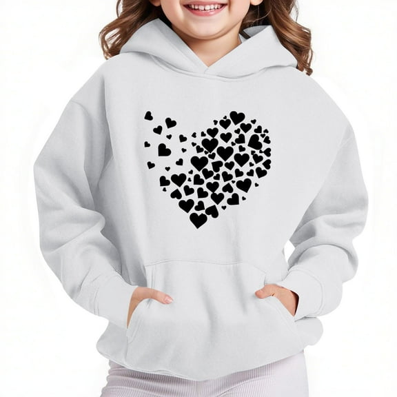 Thetops Big Girls Hoodie 13T White - Heart Print 100% Polyester, Hooded with Kangaroo Pocket, Soft Durable for Daily & School Wear