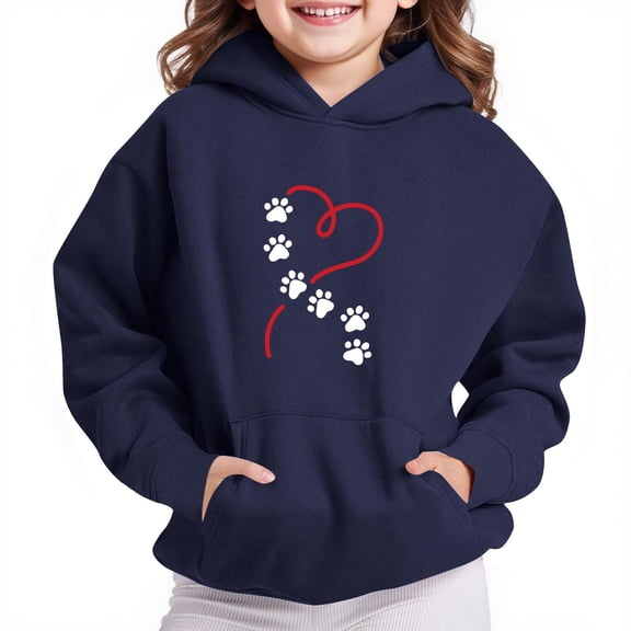 Thetops Big Girls Hoodie 7T Navy, Cute Paw Print & Heart Motif, Pet Themed, Polyester, Machine Washable, Durable Casual Sweatshirt