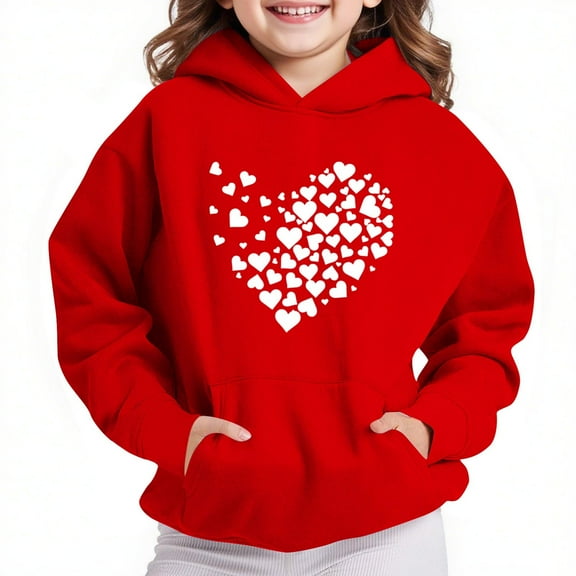 Thetops Big Girls Hoodie 7T Red, 100% Polyester Heart Print, Durable Easy Care with Kangaroo Pocket, Cute Stylish for Everyday & School