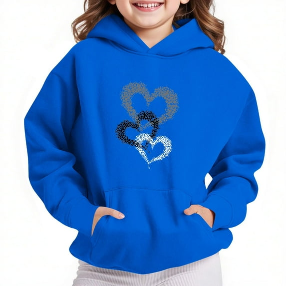 Thetops Big Girls Hoodie 9T Blue - Heart Design Sweatshirt with Kangaroo Pocket, Durable & Machine Washable for 9-10 Years