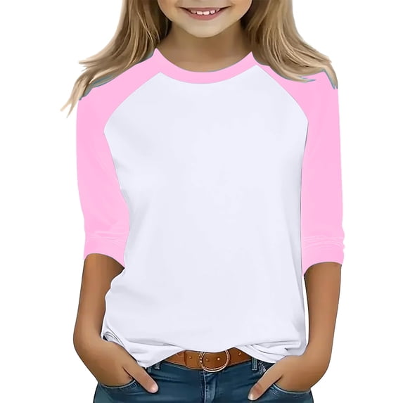 Thetops Big Girls' Pink Raglan Shirt 7-8T - Color Block, Stretchy Wrinkle-Free, Round Neck, Machine Washable for School & Casual Use