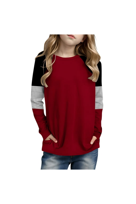 Big Girls Red Raglan Sleeve Top - 9T, Polyester Spandex, Color-Blocked/Striped, Pockets, Comfortable Trendy Long Sleeve Kids Clothing