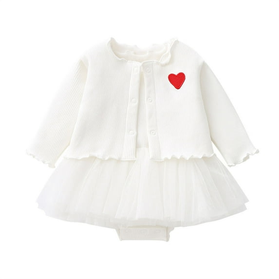 Thetops Cute Baby Girl Outfit Set: White Tulle Skirt Onesie & Cardigan, Heart Embroidery, Soft Stretch Fabric, Size 73