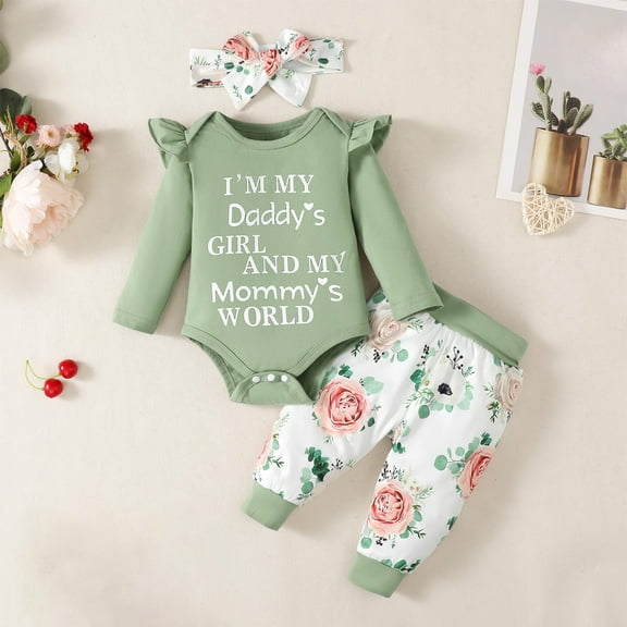 Thetops Infant Baby Girl Cotton Outfit Set 1-2T Green - 3-Piece Bodysuit, Pants & Headband with Ruffle Shoulder, Floral Print & "Daddy’s Girl Mommy’s World" Text
