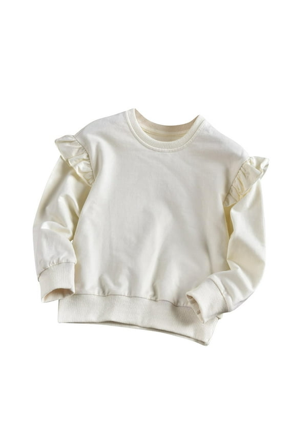 Infant Beige 2T 100% Cotton Crew Neck Sweatshirt - Soft Breathable Ruffle Detail Long Sleeve for Spring Autumn Daily Wear