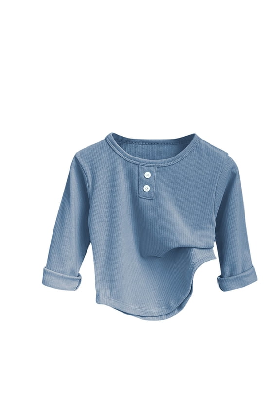 Infant Blue Henley Neck Long Sleeve Top - Size 2T, Nylon Spandex, Breathable & Durable, Curved Hem for Cool Weather & Daily Play (1-10Y)