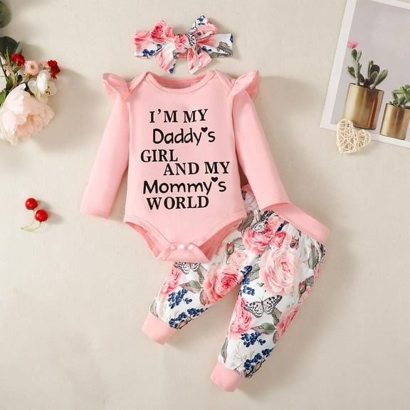 Thetops Infant Girl 3 Piece Cotton Outfit Set 1-2T Pink - Daddy's Girl Mommy's World Onesie with Snap Closure, Floral Butterfly Pants & Headband