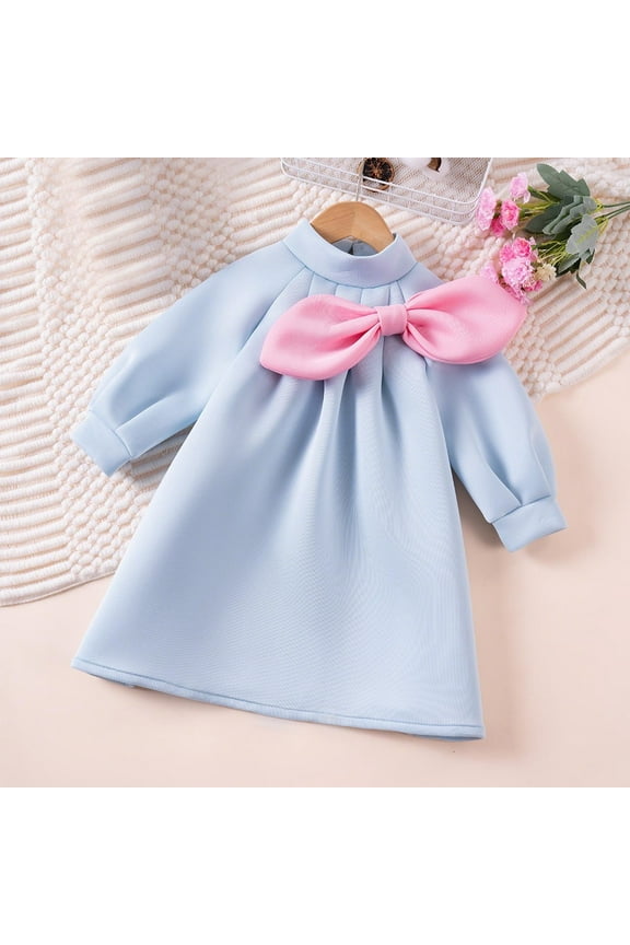 Infant Girl Cotton Dress - Long Sleeve High Neck with Contrasting Bow, Soft Breathable Gentle on Skin, Size 1T, Blue
