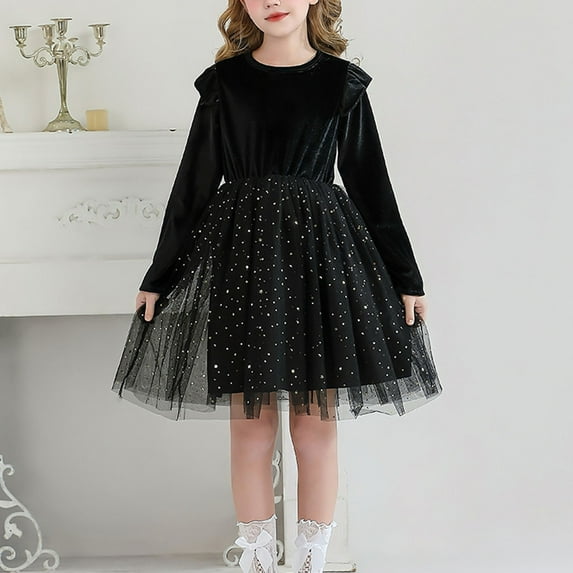 Thetops Juniors Girls' Princess Velvet Tulle Dress - Long Sleeve Ruffled Black, 10-11T, Special Occasion Birthday Christmas