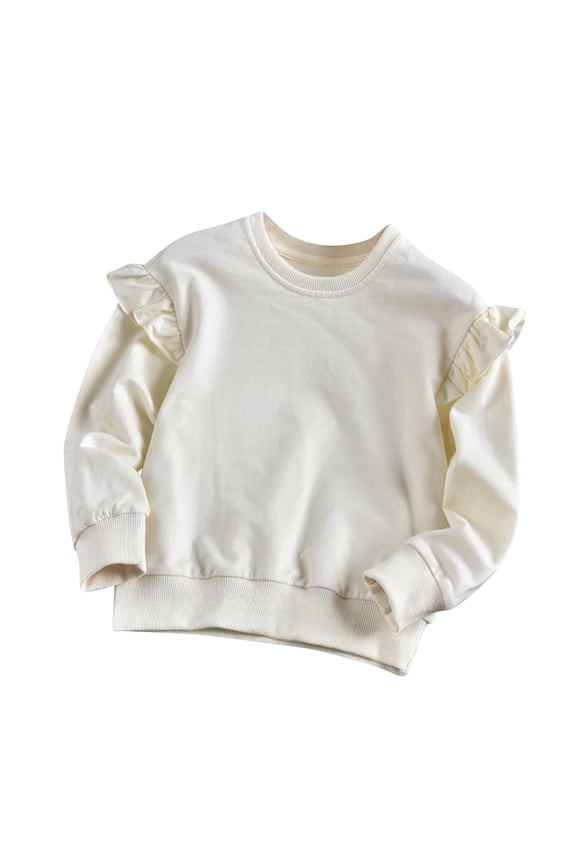 Little Girls 100% Cotton Beige 5T Sweatshirt - Ruffle Detail Crew Neck Long Sleeve Soft Breathable for Spring Autumn Daily Wear