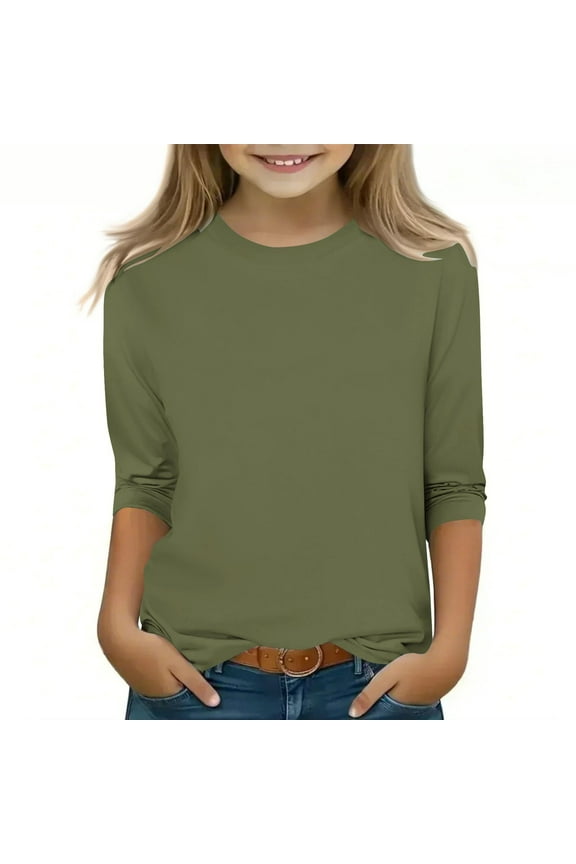 Little Girls 5-6T Army Green Long Sleeve Shirt - Polyester-Spandex Comfort Basic Top for Daily & School Wear
