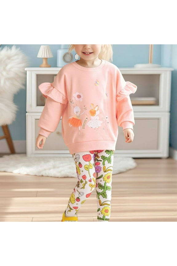 Little Girls 6T Pink Cute Outfit Set: Ballet Bunny Print Sweatshirt with Ruffled Sleeves + Stretchy Leggings - Nylon Spandex Kids Clothing