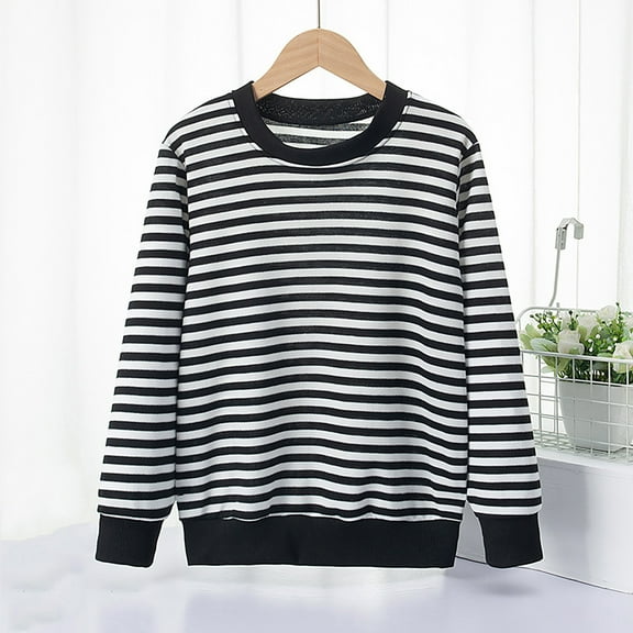 Thetops Little Girls Black Striped 100% Cotton Top - 5T Crew Neck, Soft Breathable Shirt for School, Play & Everyday Wear