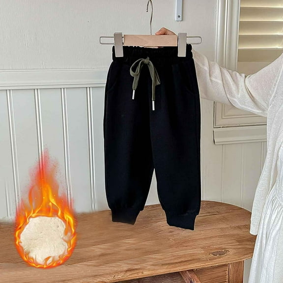 Thetops Little Girls' Black Warm Lined Sweatpants 5-6T - 100% Cotton Outer, Elastic Waist with Drawstring, Side Pockets, Cuffed Ankles for Cold Weather/Home/School