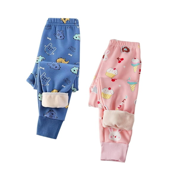 Thetops Little Girls Blue Fleece-Lined Pants 2-Pack - 100% Cotton, Warm for Cold Weather, Elastic Waist, Sweet Prints, Size 5T