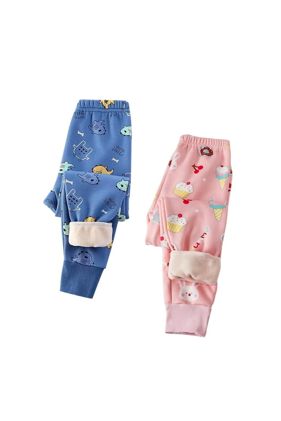 Little Girls Blue Fleece-Lined Pants 2-Pack - 100% Cotton, Warm for Cold Weather, Elastic Waist, Sweet Prints, Size 5T