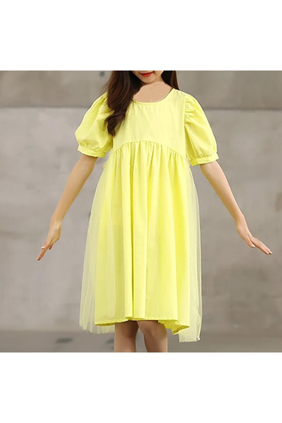 Little Girls' Cotton Dress Yellow 5-6T - Puff Sleeves Tulle Overlay Empire Waist, Comfortable for Daily & Party Wear