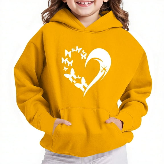 Thetops Little Girls Hoodie 5T - Yellow Heart Butterfly Print, Kangaroo Pocket, Machine Washable & Durable