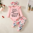 thumbnail image 1 of Thetops Newborn Baby Girl 3 Piece Outfit Set 9 Months Pink Cotton - Daddy's Girl Mommy's World Onesie, Floral Butterfly Pants & Headband with Snap Closure, 1 of 9