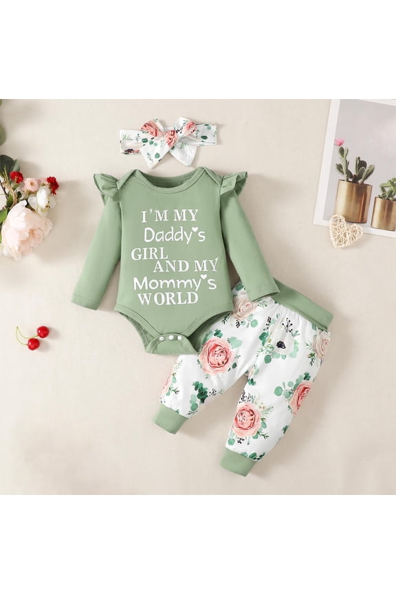 Newborn Baby Girl Cotton Outfit 3 Months Green - 3-Piece Bodysuit, Pants & Headband with Ruffle Shoulder, Floral Print & "Daddy’s Girl Mommy’s World" Text