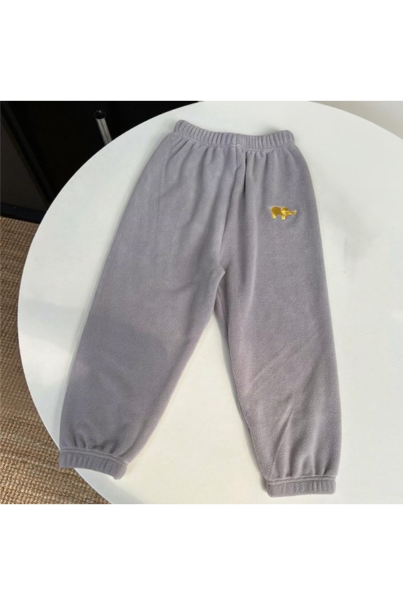 Tod-dler Gray Pants with Yellow Elephant Embroidery - 3T Polyester Soft Warm Elastic Waist Cuffed Ankle for Daily Wear/Outdoor Play, Casual Kids' Pants
