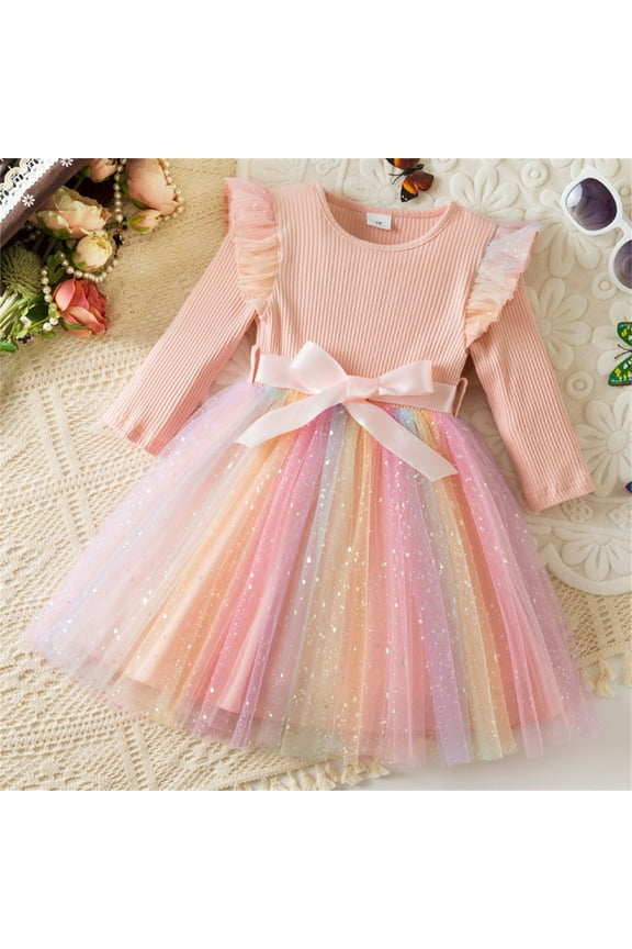 Toddler Girl Princess Dress 4T Pink - Long Sleeve Ribbed Top, Rainbow Glitter Tulle Skirt with Satin Bow, Wrinkle-Resistant for Party Holiday