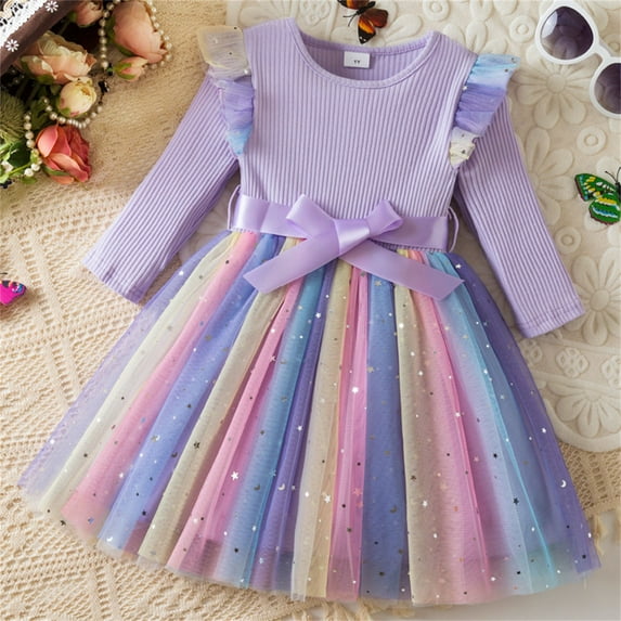 Thetops Toddler Girl Purple Party Dress - 4T Long Sleeve Ruffle Shoulder Rainbow Tulle Skirt with Glitter & Satin Bow