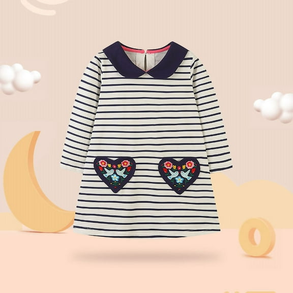 Thetops Toddler Girls 3T White Cotton Dress - Peter Pan Collar, Heart-Shaped Embroidered Pockets, Navy Stripes, Back Zipper