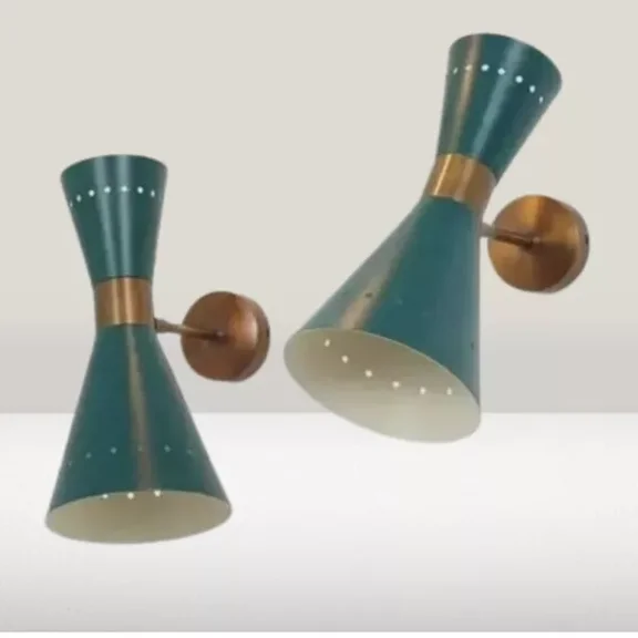 Theuniqueart Mid-Century Modern Diabolo 2-Light Wall Sconces - Brass & Teal Metal