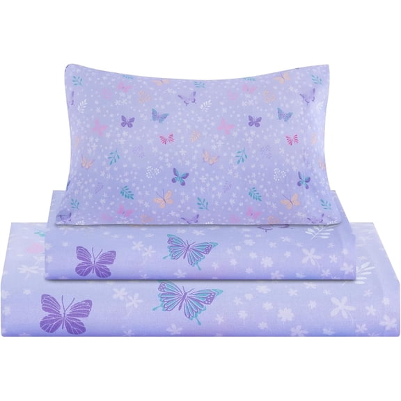 Theviviland 3 Pieces Girls Light Purple Twin Sheet Set - Soft Microfiber Fitted Flat Sheets & Pillowcase - Butterfly Floral Printed Bedding Sets - for Kids & Toddlers