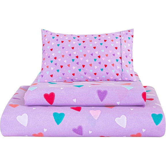 Viviland 3 Pieces Girls Purple Twin Sheet Set - Soft Microfiber Fitted Flat Sheets & Pillowcase - Colorful Hearts Printed Bedding Sets - for Kids