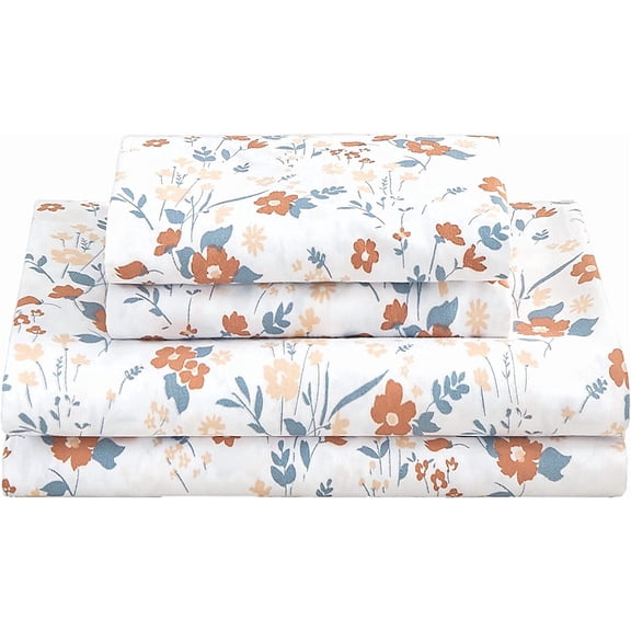 Viviland Floral Full Sheet Set, 4 Piece Orange Flower Printed Soft Microfiber Bed Sheets with 15" Deep Pocket & Non-Slip Straps, Patterned Fitted Sheets & Pillowcase Set