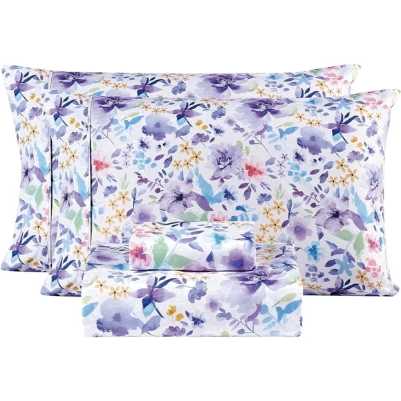 Viviland Floral Full Sheets, Soft Breathable Microfiber Vintage Printed Bed Sheet Set, Deep Pocket Non-Slip Fitted Included, Purple Flower Pattern