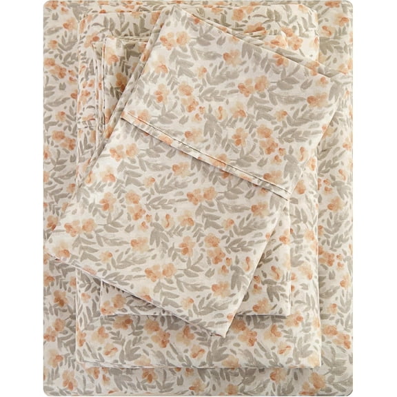 Viviland Floral Queen Sheet Set - 4 Piece Vintage Light Orange Flower Patterned Bed Sheets - Soft, Breathable Microfiber Sheets with Deep Pocket