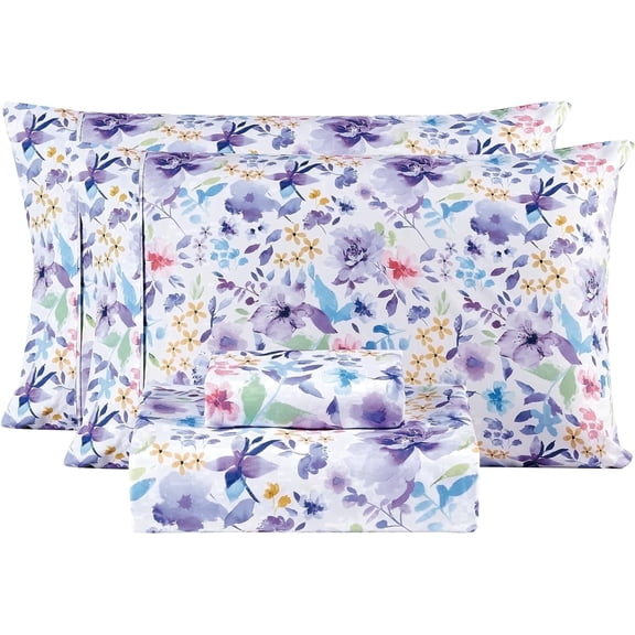 Viviland Floral Queen Sheets, Soft Breathable Microfiber Vintage Printed Bed Sheet Set, Deep Pocket Non-Slip Fitted Sheet Included, Purple Flower Pattern