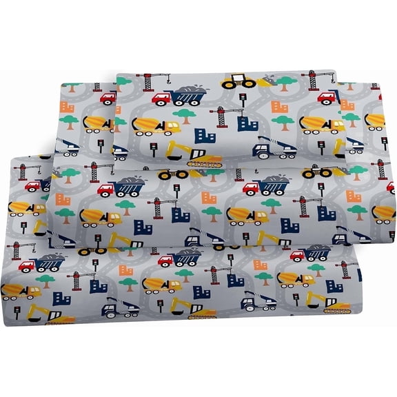 Viviland Kids Bed Sheet Set, Full Size Microfiber Fitted Sheet, Breathable & Silky Soft Feeling, 4 PCs Excavator Full Bed Sheet