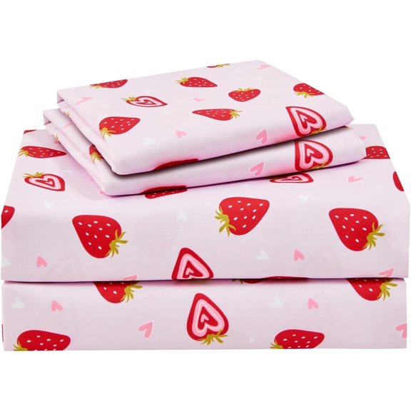 Viviland Kids Sheet Set Full Size, Girls Full Sheet Set with Floral Pink Strawberry PatternBreathable Silky Soft Microfiber Kids Fitted Sheet