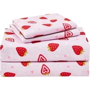 Viviland Kids Sheet Set Full Size, Girls Full Sheet Set with Floral Pink Strawberry Pattern，Breathable Silky Soft Microfiber Kids Fitted Sheet