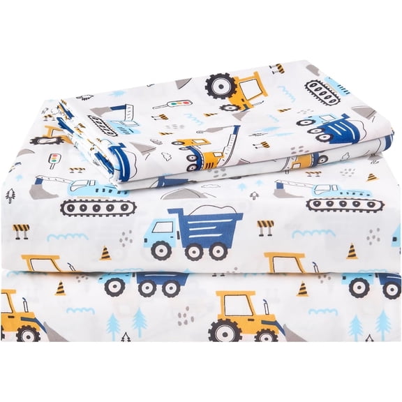 Viviland Kids Sheet Set Twin Size 3 Pcs, Boys Sheet Set with Blue Excavator Car Pattern，Kids Boys Twin Fitted Sheet，Breathable & Silky Soft Microfiber Fitted Sheet