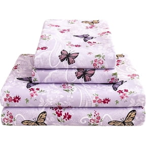 Viviland Paisley Floral Bed Sheets Queen Set, Purple Flower Printed Sheets for Queen Size Bed, Butterfly Patterned Sheet & Pillowcase Sets