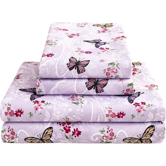 Viviland Paisley Floral Bed Sheets Queen Set, Purple Flower Printed Sheets for Queen Size Bed, Butterfly Patterned Sheet & Pillowcase Sets