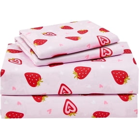 Viviland Pink Strawberry Printed Kids Sheet Set Twin Size, 3 Pcs Breathable & Silky Soft Microfiber Kids Fitted Sheet, Bed with 15" Deep Pocket