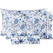 Viviland Queen Size Sheets Set - 4 Piece Soft Breathable Microfiber Bed Sheet Set - Blue & White Flower Pattern Sheet Set Queen - Deep Pocket Non-Slip Floral Fi