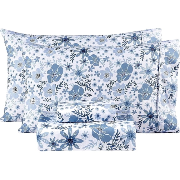 Viviland Queen Size Sheets Set - 4 Piece Soft Breathable Microfiber Bed Sheet Set - Blue & White Flower Pattern Sheet Set Queen - Deep Pocket Non-Slip Floral Fitted Sheet Included for All Season