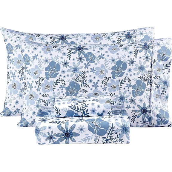 Viviland Twin Size Sheets Set - 3 Piece Soft Breathable Microfiber Bed Sheet Set - Blue & White Flower Pattern Sheet Set Full - Deep Pocket Non-Slip Floral Fitted Sheet Included for All Season